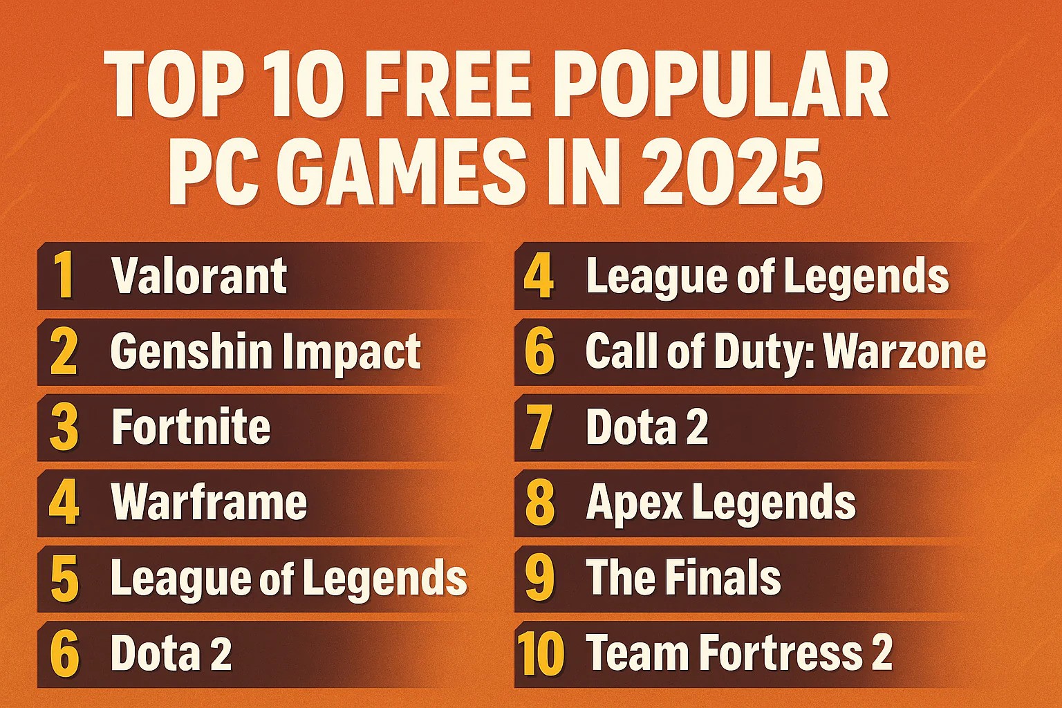 A graphic listing the top 10 free popular PC games