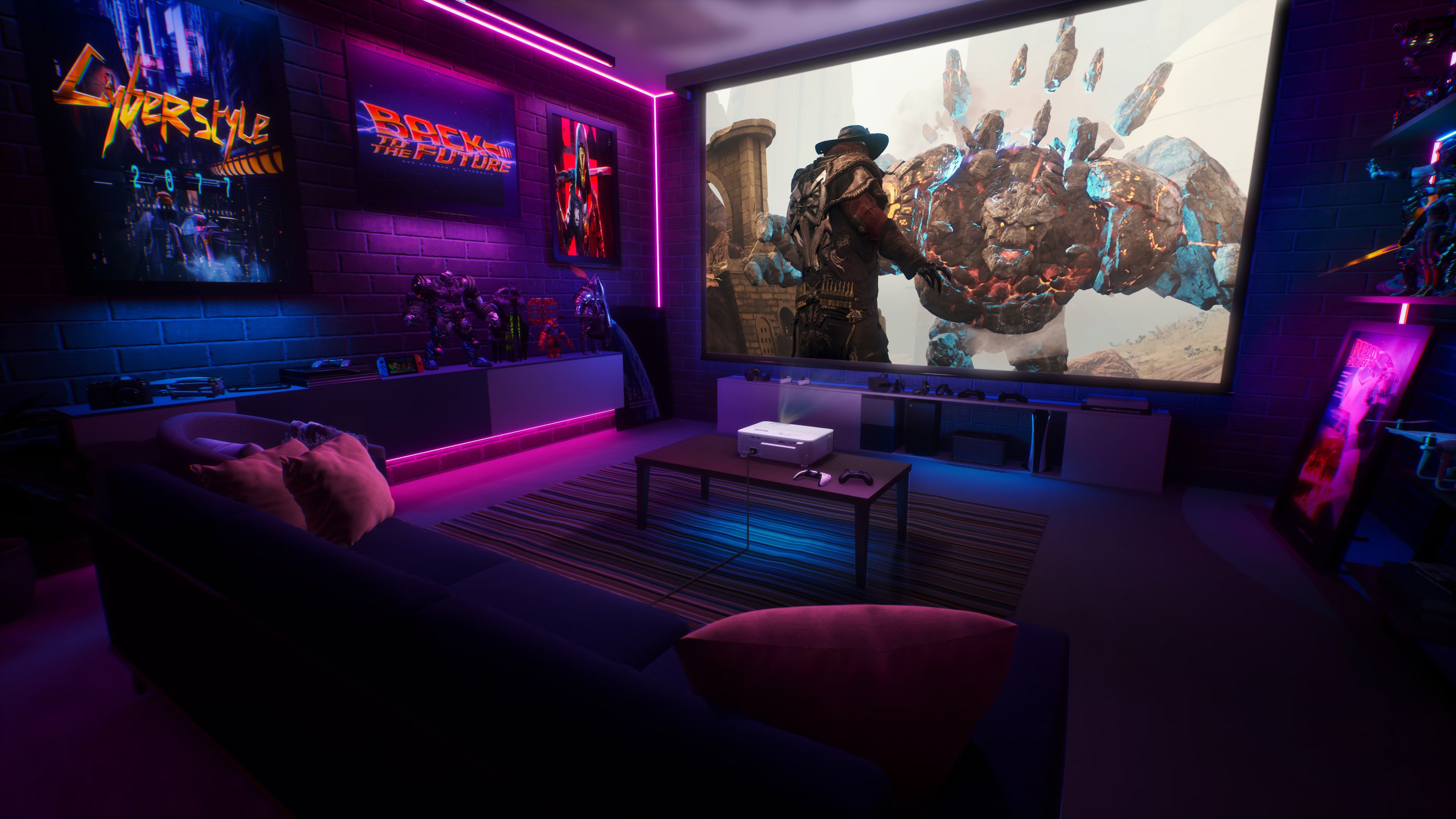 A cozy video game room featuring a couch and a television