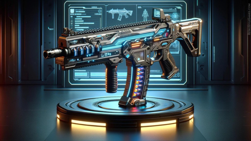 A futuristic gun displayed in a dimly lit room