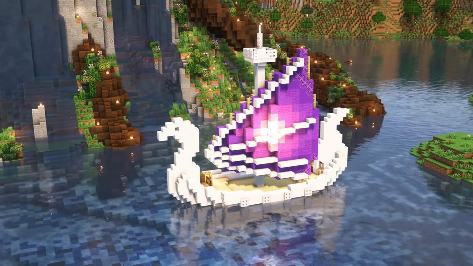 A Minecraft boat featuring vibrant purple sails